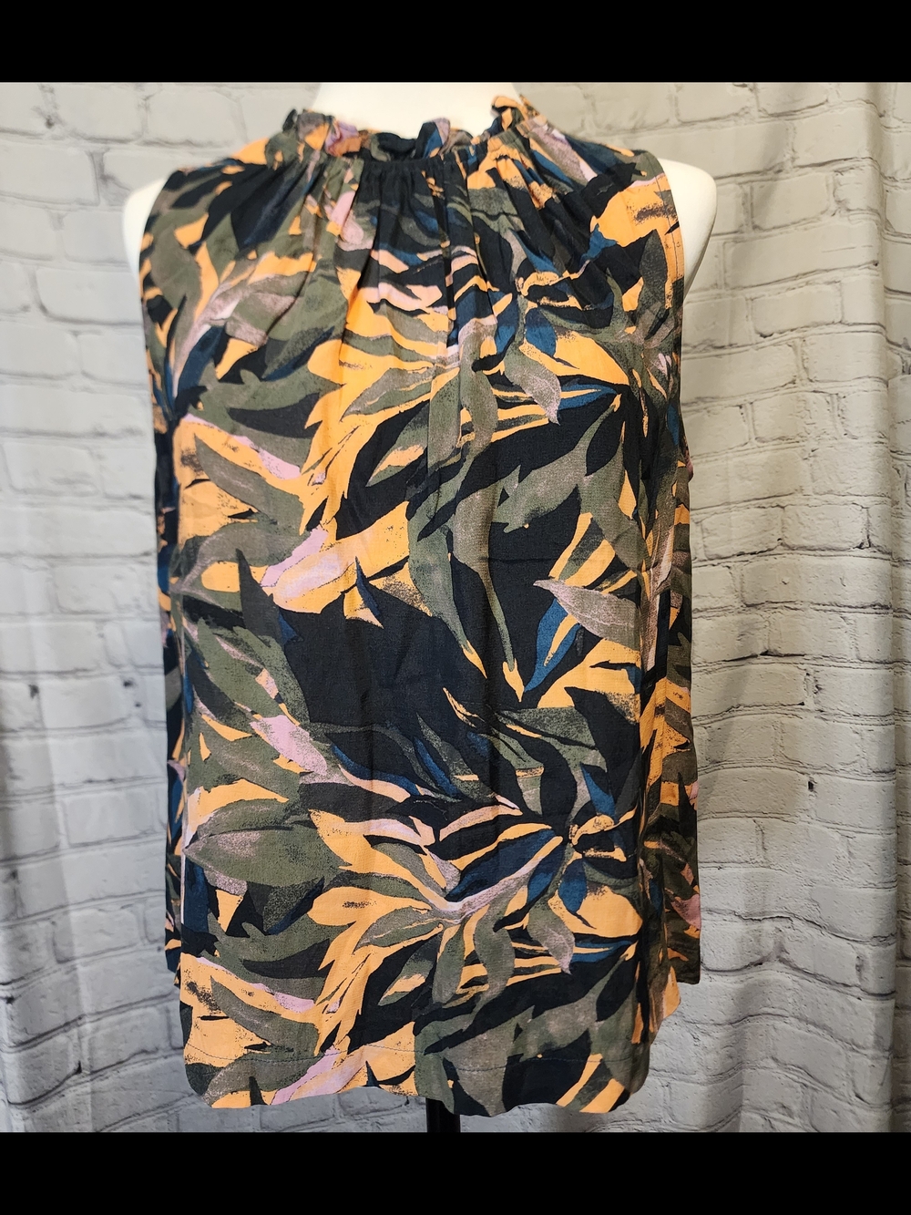 Evereve Navy Tank with Mustard, Olive & Pink Leaf Print